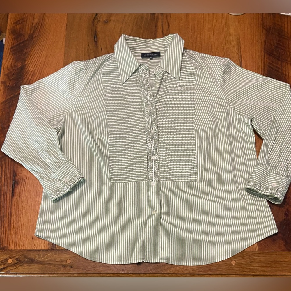 Jones New York Signature Women 100% Cotton Striped Button Front Top, Size 2X